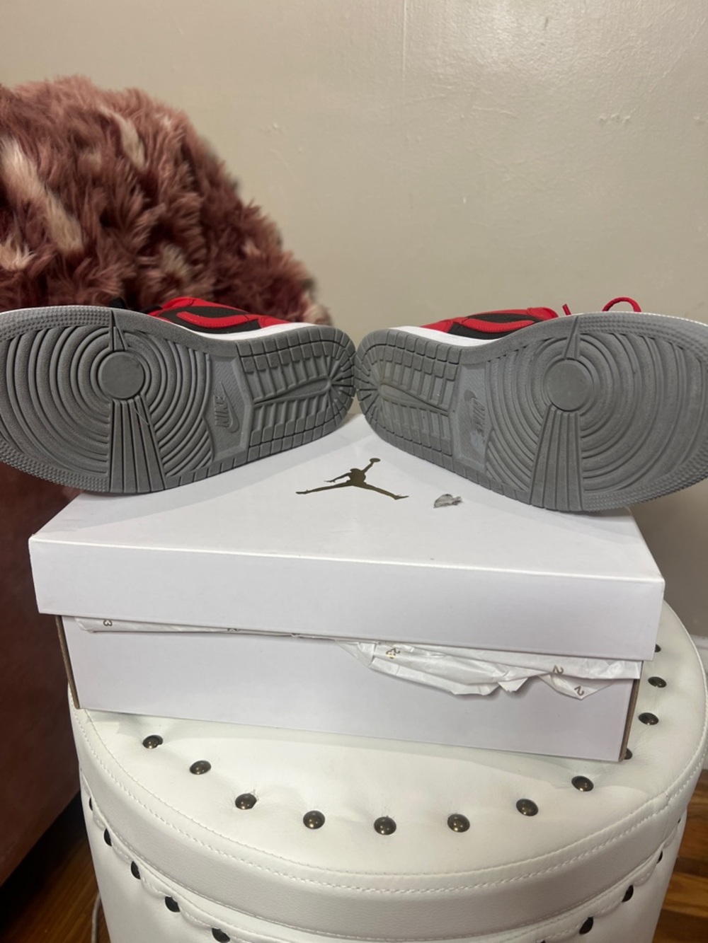 Women’s Red, Black & Gray Low-Top Jordan 1 Sneakers - Picture 5 of 5